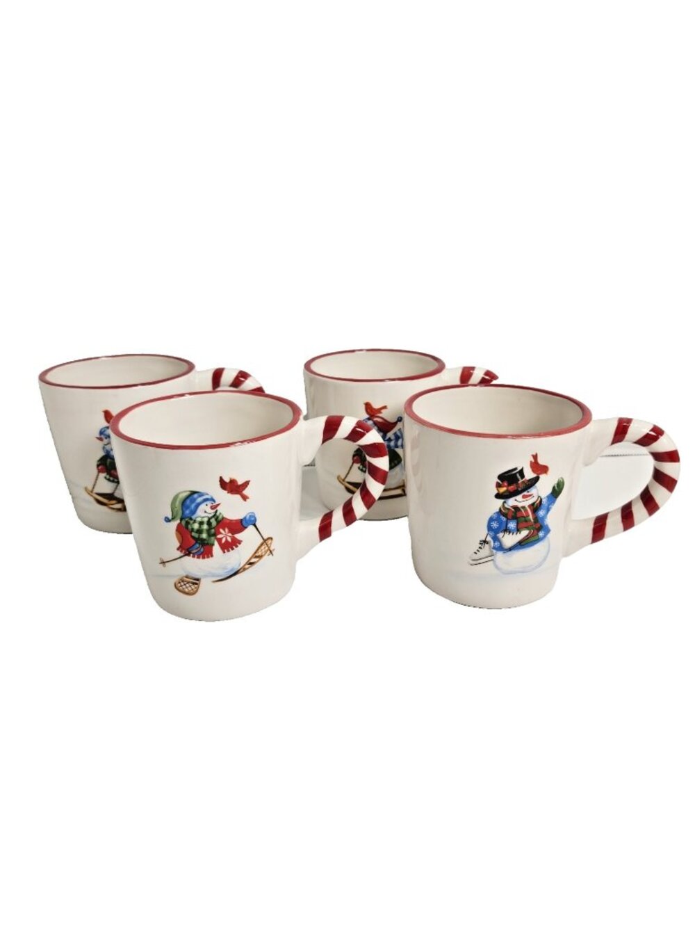 Harry & David Snowman Cocoa Mugs Set of 4 2006 Candy Cane Handle Christmas READ